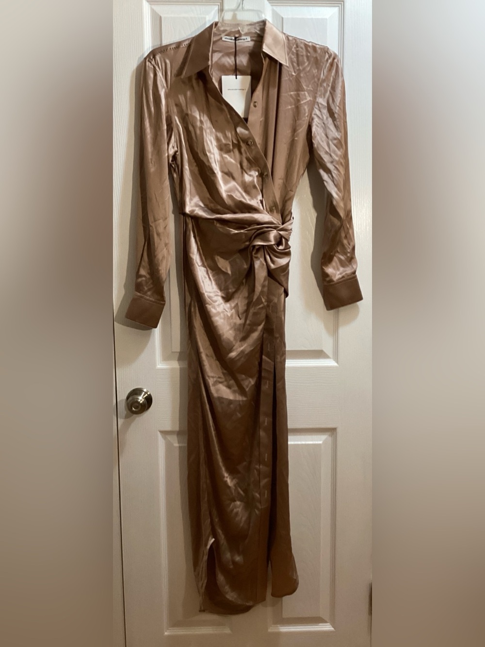 Alexander Wang Taupe Satin Long Sleeve Twist Dress